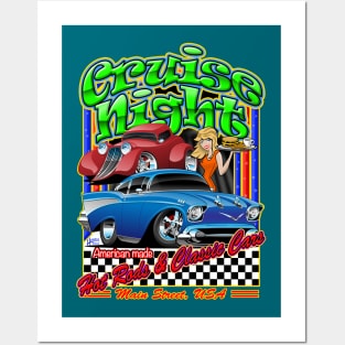 Cruise Night Hot Rods & Classic Cars Illustration Posters and Art